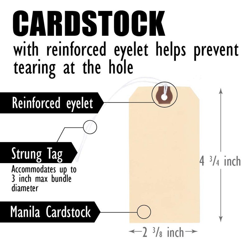 Amram Blank Shipping Tags with String, 100 Tags 4 3/4" X 2 3/8", Manila Card Stock with Reinforced Eyelet - Image 3